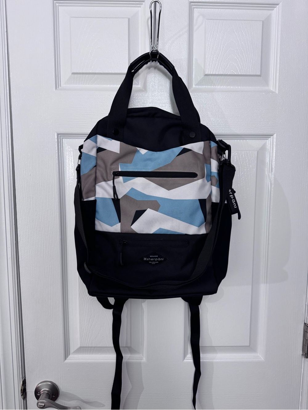 Women’s Sherpani Black Backpack with Blue Geo Print - Urban Convertible Carry